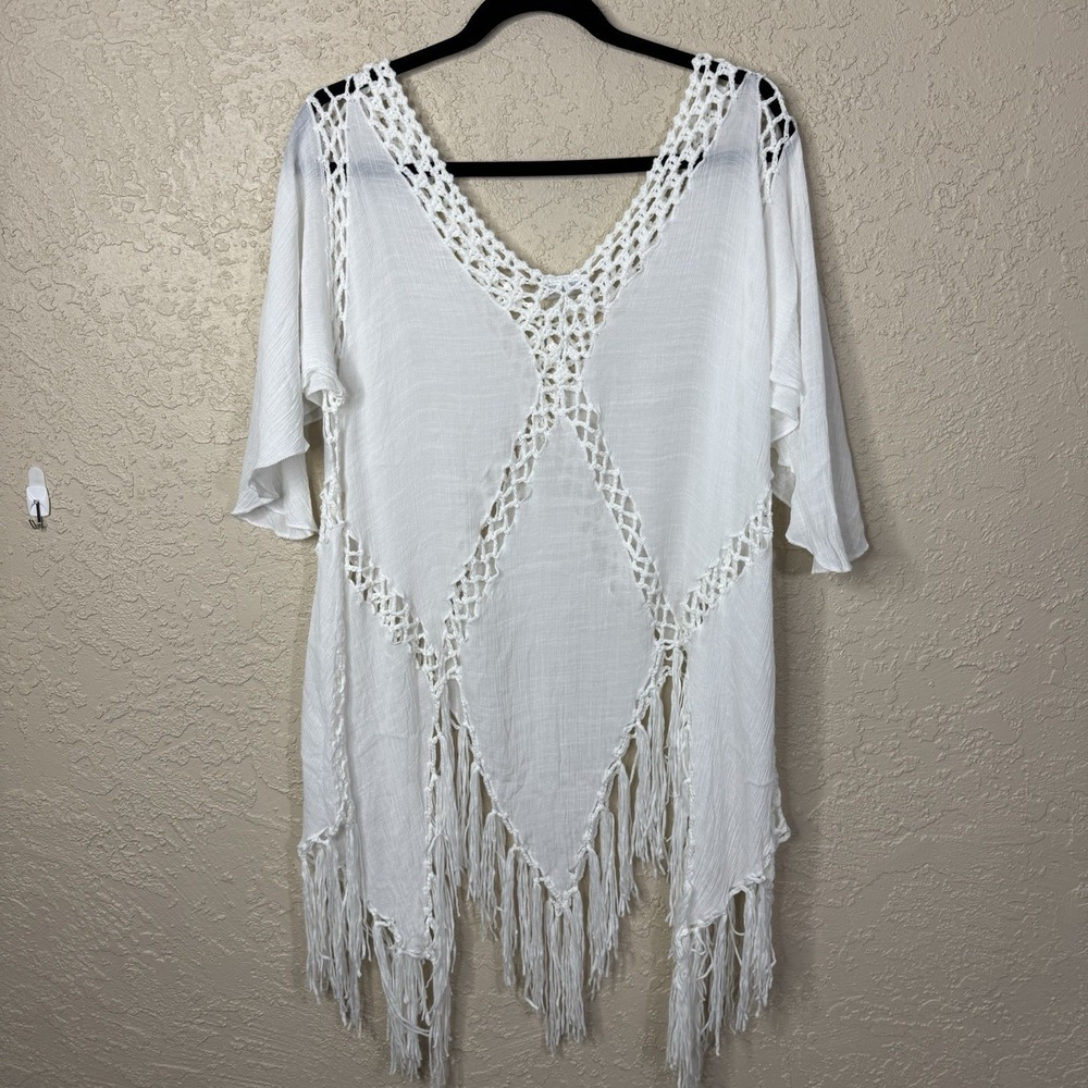 Womens Crochet Fringe Boho Coverup White Size M Angel Fairy Beach Vacation Pool